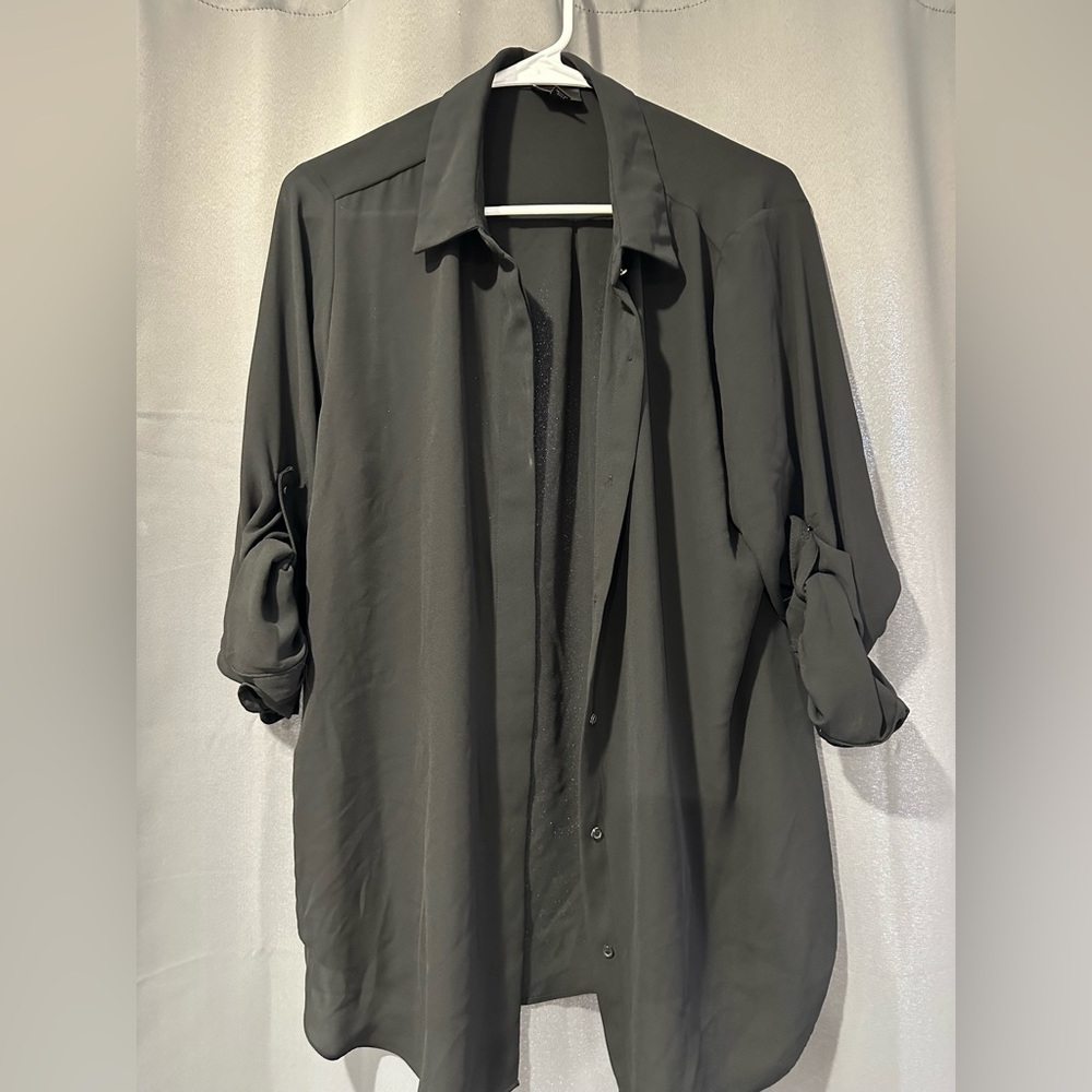 Button up dress shirt. Black, polyester. Lightweight